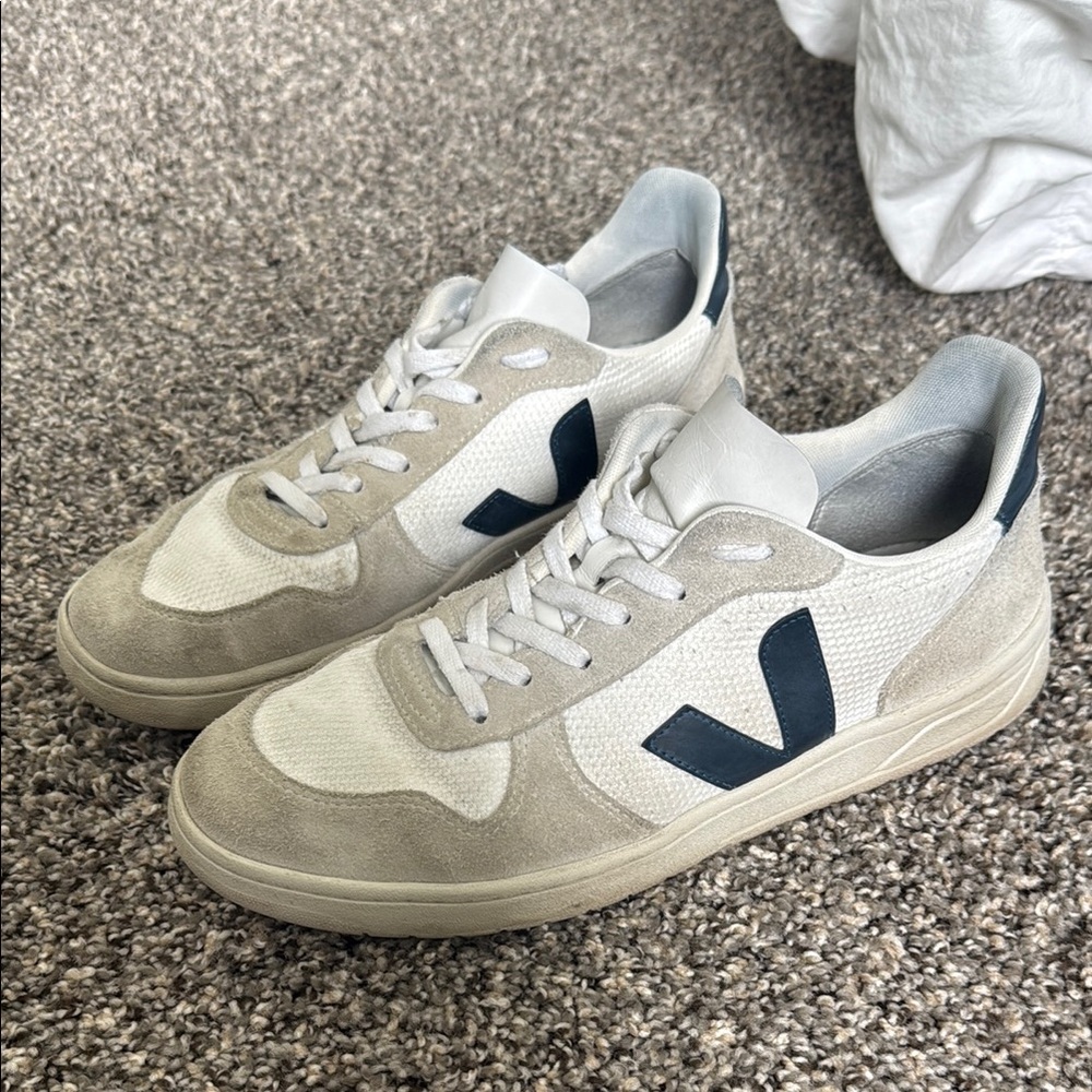 Veja White and Gray V-10 Retro-Inspired Sneakers